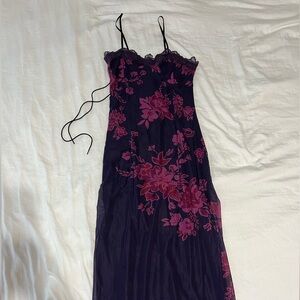 Floral Lace Trim Dress - Black and Pink